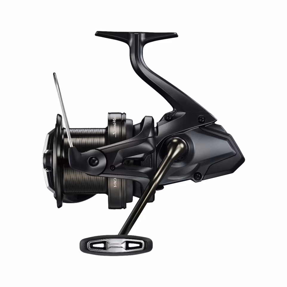 Moulinet Shimano Speedmaster Surf XT 14000 en aluminium avec frein puissant, conçu pour la pêche surfcasting en eau salée, équipé de roulements étanches et d’une bobine anodisée.